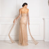 Woman Off the Shoulder Ribbon Sleeve Glittered Hollow Out Split  Long Evening Dress