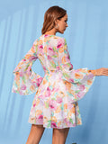 Women Floral Print Layered Sleeve Ruffle Dress