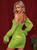 Women Off Shoulder Bell Sleeve Ruched Mesh Bodycon Dress