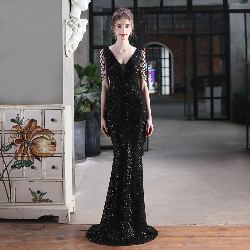 Women's Plus Size Floor-length Sleeveless V-neck Sequined Evening Dress