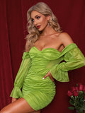 Women Off Shoulder Bell Sleeve Ruched Mesh Bodycon Dress