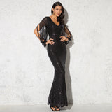 Women V Neck Hollow Out Tassel Long Sleeve Sequined Ball Night Prom Dress