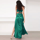Women Sexy Tie Up Straps Backless Slit Satin Night Out Party Dress