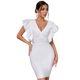 Women Sexy Casual V Neck Ruffles Short Sleeve Bandage Club  Party Outfit Evening  Dress