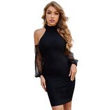 Women's Solid Color Tight Halter Off Shoulder Lace Lone Sleeve Bodycon Bandage Club Dresses