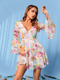 Women Floral Print Layered Sleeve Ruffle Dress