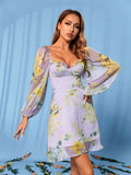 Women Floral Print Lantern Sleeve Bustier Chiffon Dress