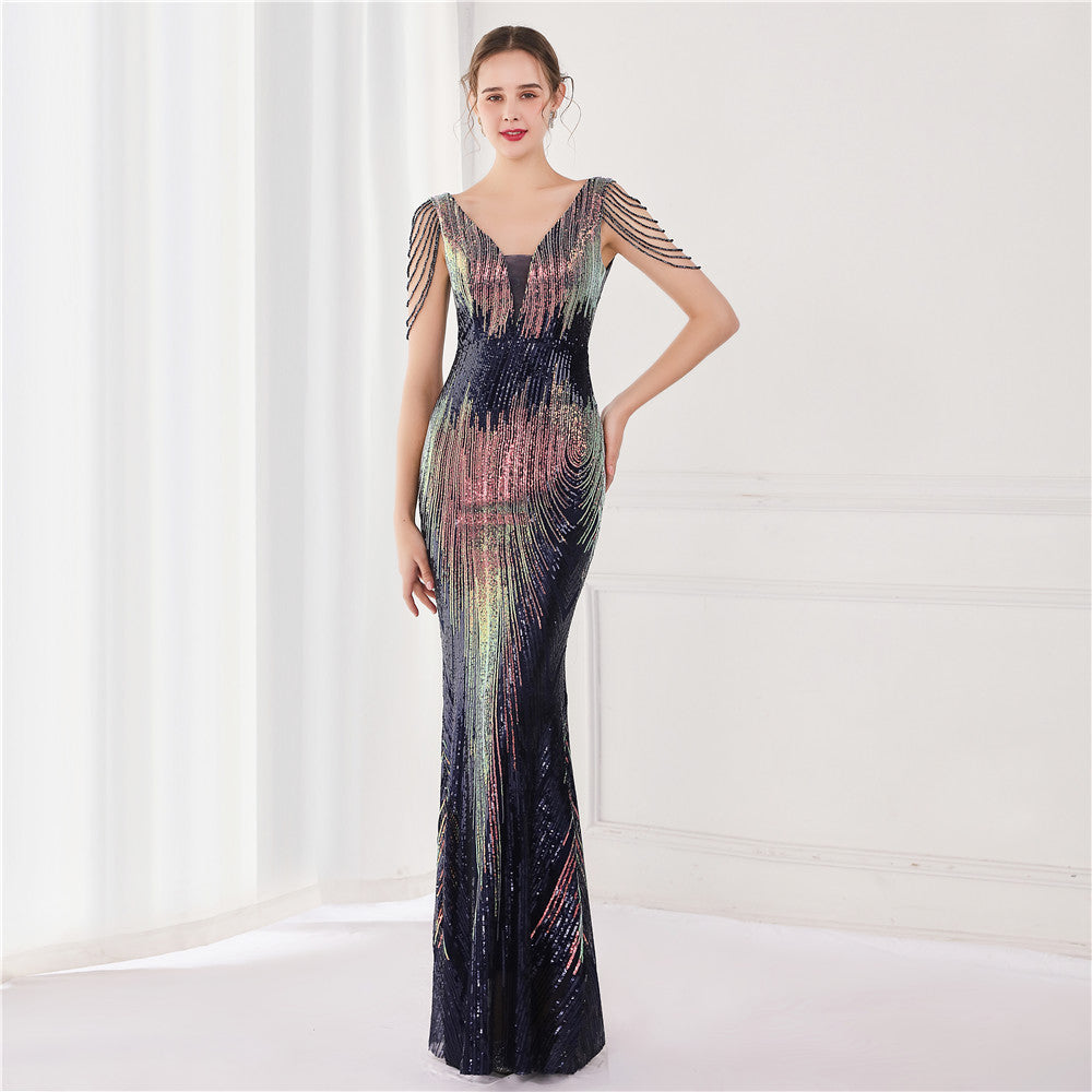 New Design Floor-length Sleeveless V-neck Slim Sequin Dress