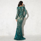 Women Sexy Sequined Long Sleeved O Neck Ball Gown Evening Party Maxi Dress