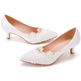 Low heel elegant simple lace flower wedding shoes