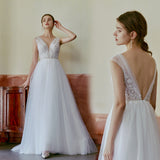A-Line Floor Length Lace Tulle Wedding Dress