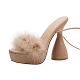 Furry strap square toe graceful and fashionable strap sandals women's chunky high heels