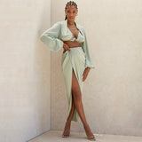 Women's Long Sleeve Open Navel Blouse Half Length Slit Skirt Two Piece Sexy Dress