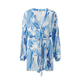 New blue color striped print beach cover-up sun protection shirt