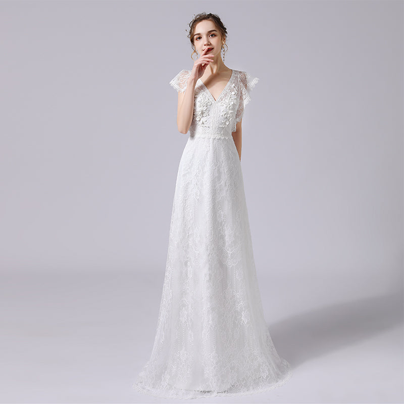 A-Line Floor Length Lace Tulle Wedding Dress