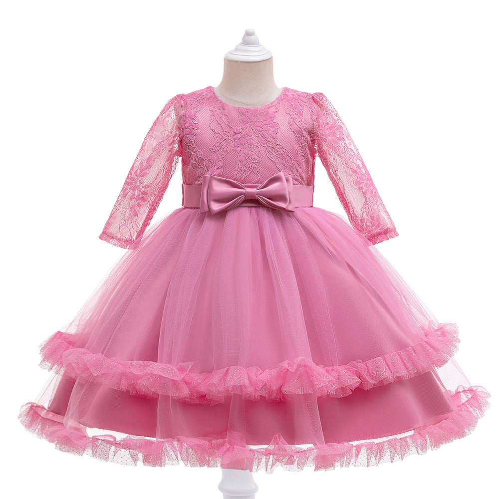 Children's Dress Long Sleeve Pure Color Gauze Pompous Dress Children's Host Dress