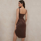 Women's Sexy Deep V Suspender High Waist Mid Length Dress Solid Color Pleated Evening Dress