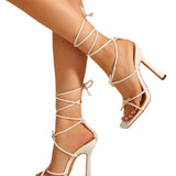 Stylish graceful simple lace-up high heel stiletto square toe women's shoes large size sandals