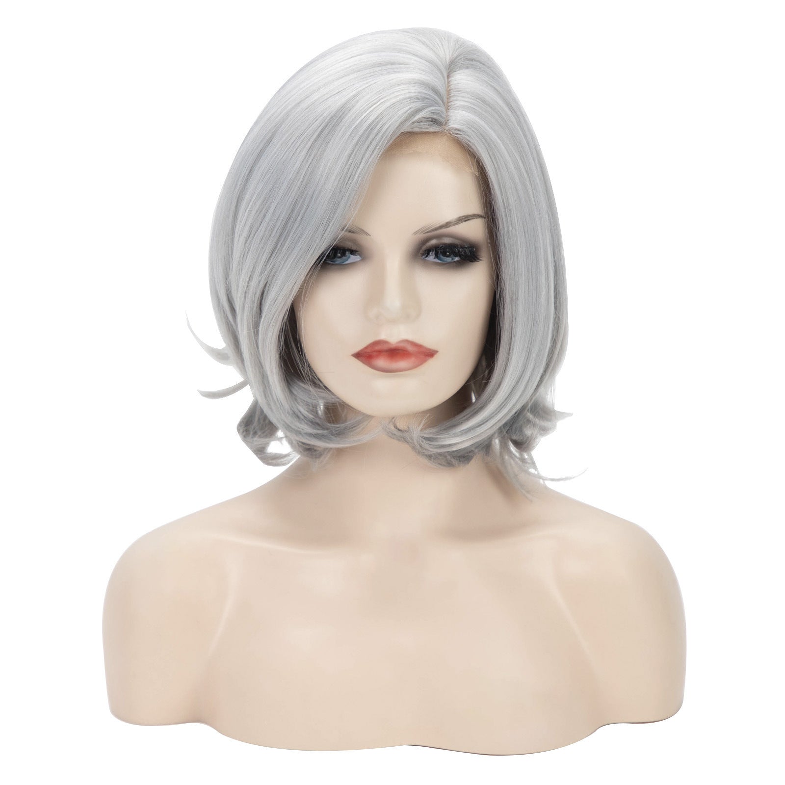 Fashion silver gray slightly warped short curly wig Bobo headgear partial split small front lace wig