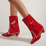 Women's red high-heel boots pointed chunky heel middle boots pearl decoration