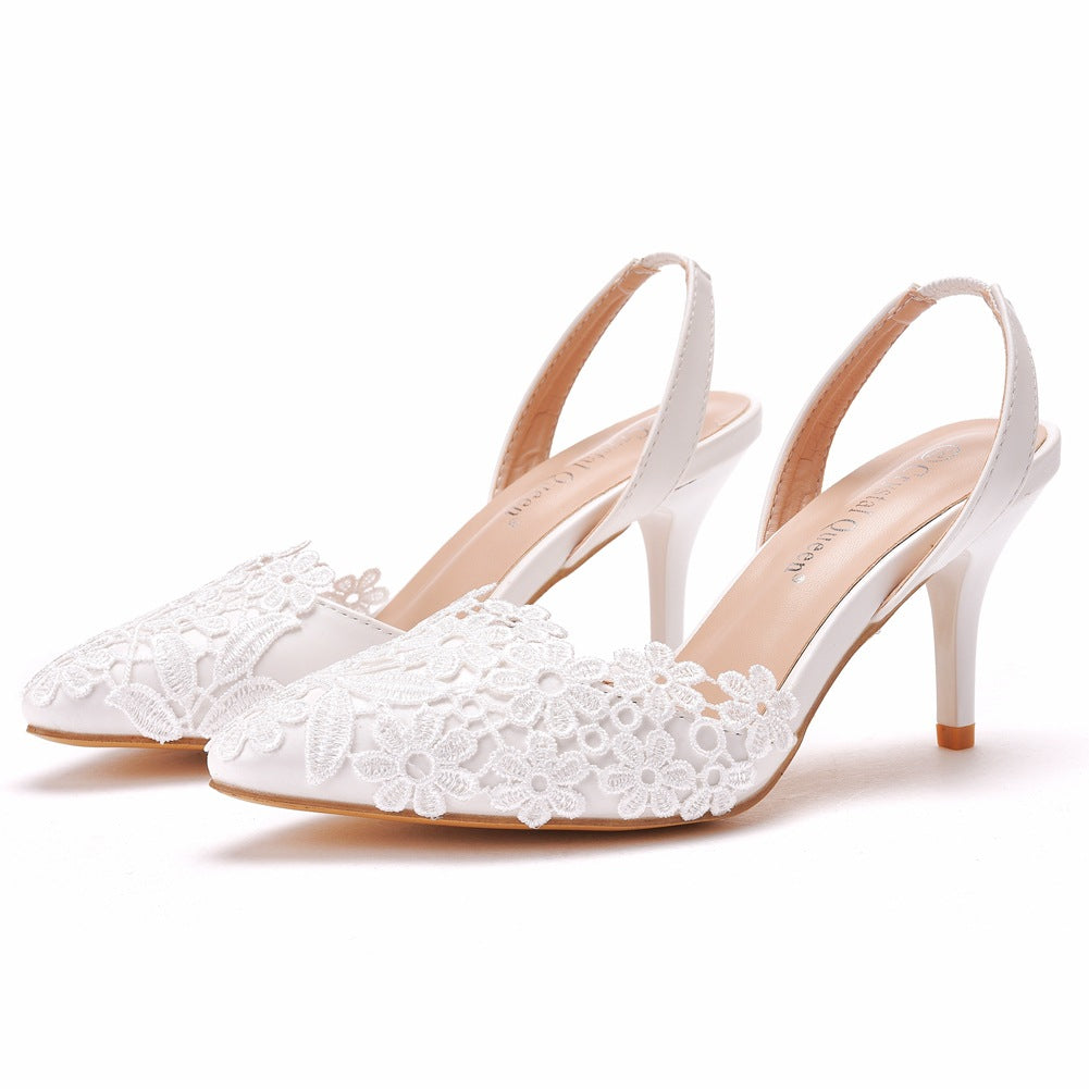Low-cut pointed sandals white lace stiletto sandals large and small size wedding shoes Bride wedding suit wedding shoes