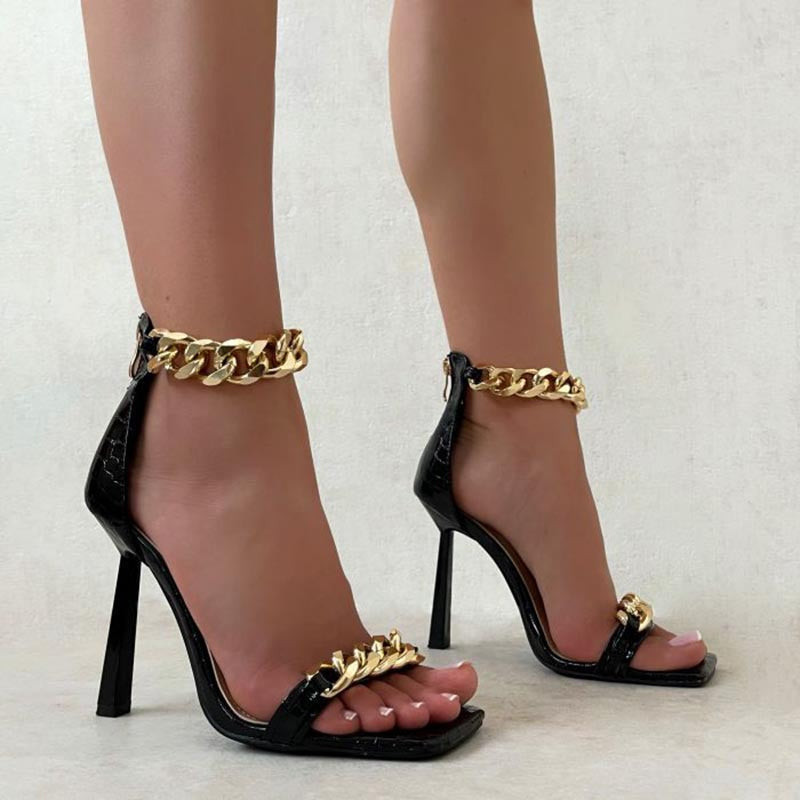 Square toe high heel women's sandals stone pattern chain high heel women's sandals