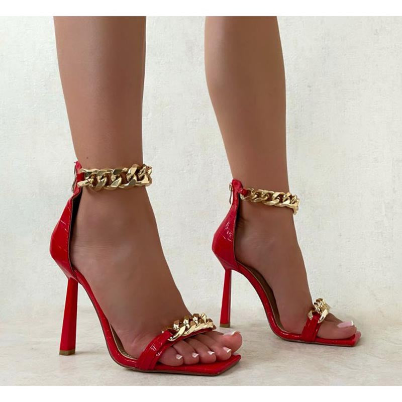 Square toe high heel women's sandals stone pattern chain high heel women's sandals