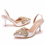 White and fine heel wedding shoes beaded bridal shoes