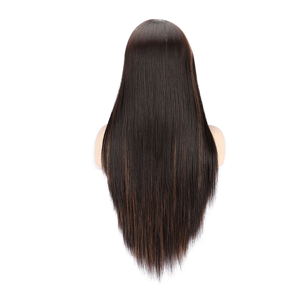 Front lace mixed color long straight hair chemical fiber female wig head cover