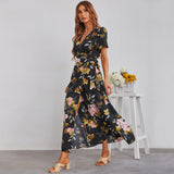 Women's Fashion Sexy V-neck Short Sleeve Printed Split Skirt Dress