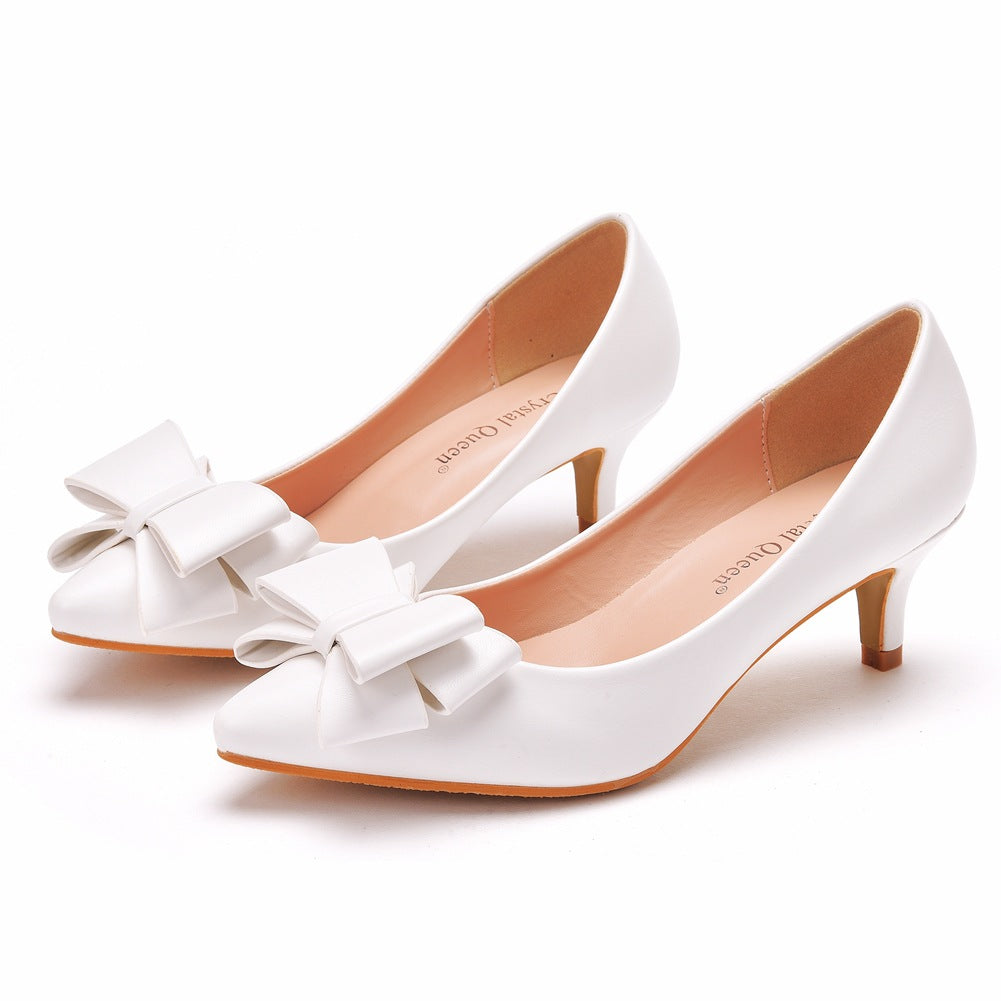 5cm pointed toe pumps small stiletto heel mid-heel shoes pumps bow pointed toe shoes large size women's shoes White wedding shoes