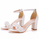 Chunky heel ankle-strap flower bridal wedding shoes
