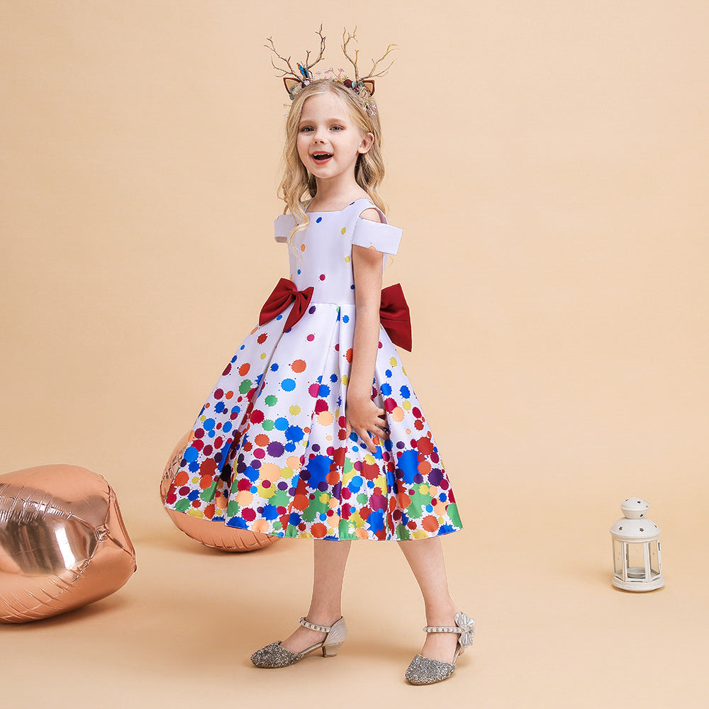 Children's Wear Girls Bow Colorful Printed Skirt Christmas Dress