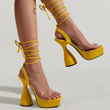 Square toe transparent ankle-strap thick platform elegant sexy lace-up sandals chunky heel women's high heels