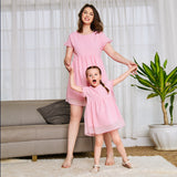 Parent-Child dress pink round-collar short sleeve cute princess dress