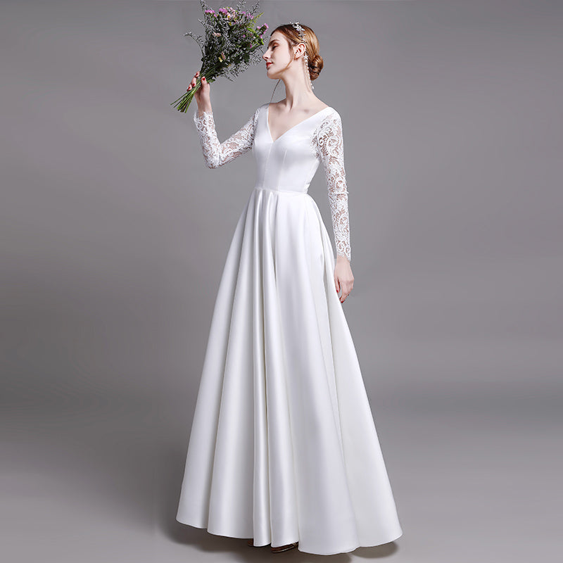 A-Line Floor Length Satin Wedding Dress