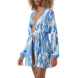 New blue color striped print beach cover-up sun protection shirt