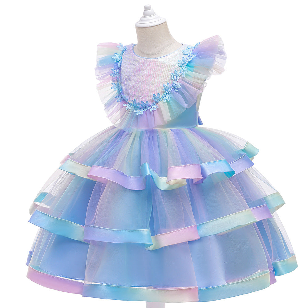 New Girl's Dress Sequins Multicolored Multi-Layer Gauze Pompous Skirt Performance Dress