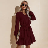 Women's V-neck Long Sleeve Ruffle Dress Short Skirt