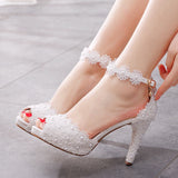 Large size peep-toe high-heeled sandals platform sandals Stiletto Heel lace beaded wedding shoes