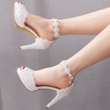 Large size peep-toe high-heeled sandals platform sandals Stiletto Heel lace beaded wedding shoes