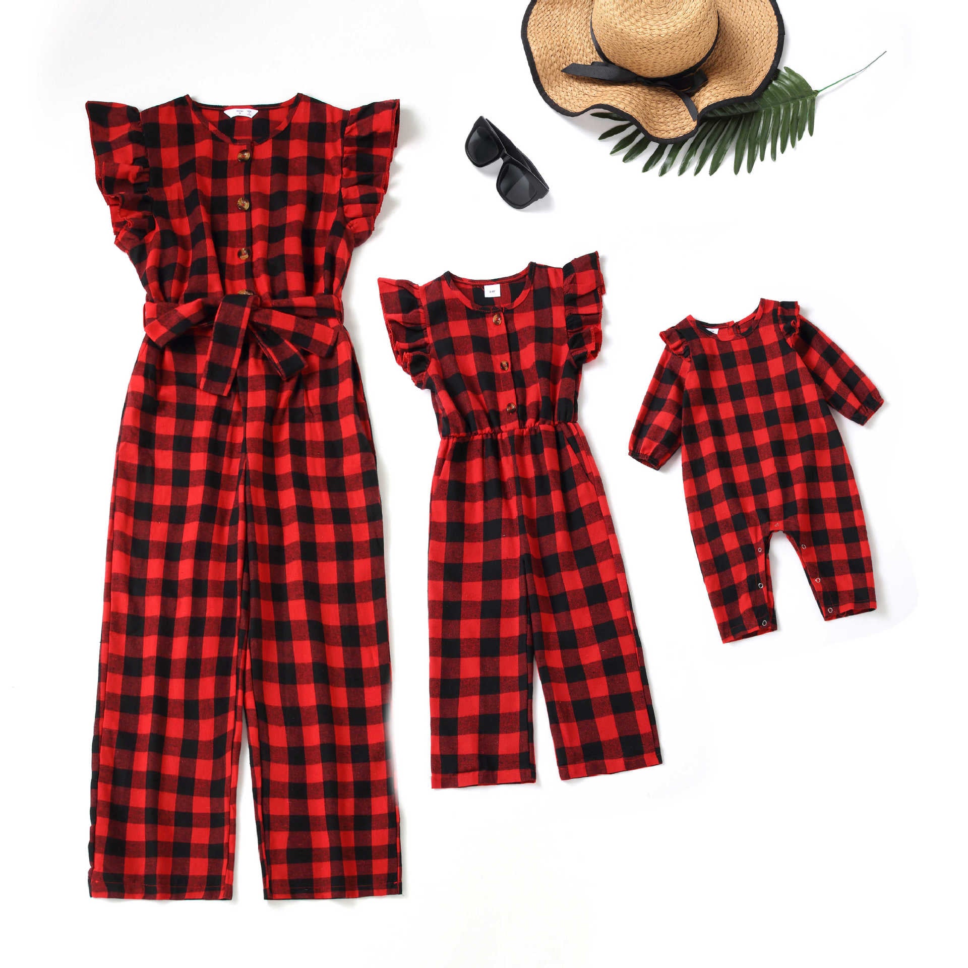 Plaid lace sleeves parent-child jumpsuit for Mom and Me