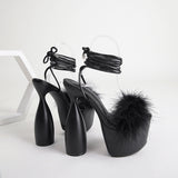 Fluffy shoes sexy lace-up sandals women's fashion chunky heels