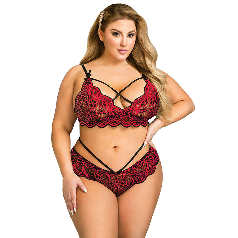 Plus size sexy lingerie lace cross strap embroidered decoration sexy bra set