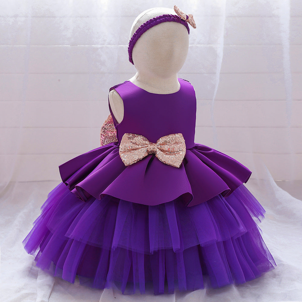 Girl's Dress Backless Mesh Pompous Skirt Big Bow Girl's Princess Dress Runway Dress