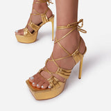 Square toe laces lace-up thin square heel platform high heel sandals for women
