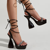 Square toe rhinestone strap elegant sexy lace-up sandals thick platform women's chunky high heels