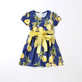 Fashion lemon print lace up dress parent-child dress