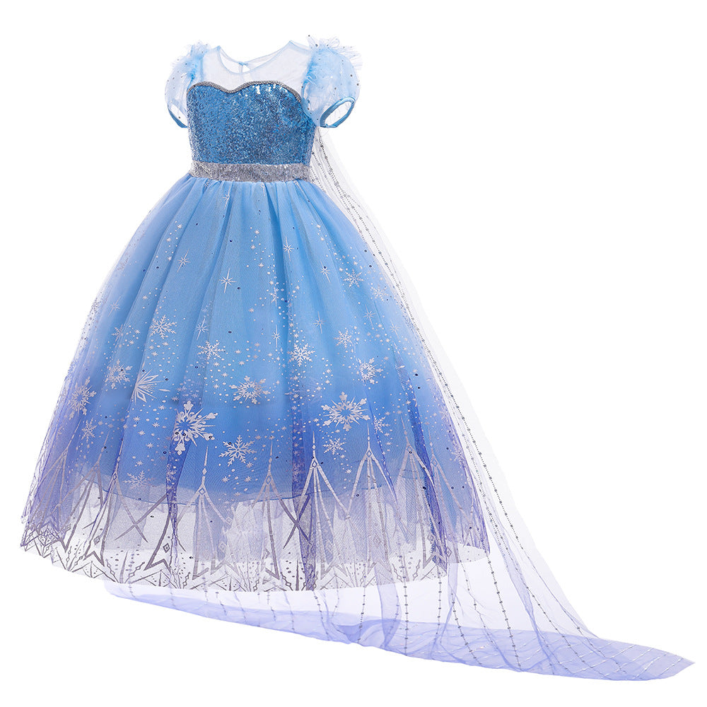 Frozen Sequined Mesh Pompous Dress With A Train Princess Elsa Dress