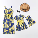 Fashion lemon print lace up dress parent-child dress